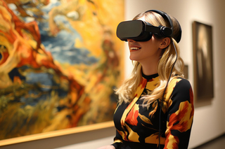 Symbolbild: Frau steht mit VR-Brille in einem Museum