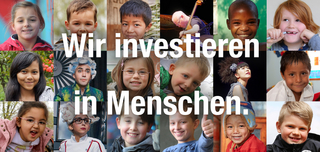 Symbolbild für die Gelsenwasser-Stiftung: Bilder von verschiedenen Kindern mit dem Text "Wir investieren in Menschen"