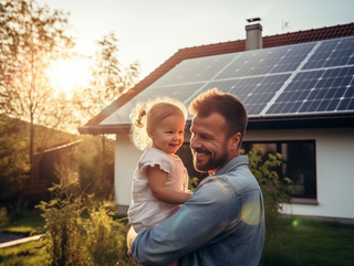 Mann mit Kind auf dem Arm vor Einfamilienhaus mit Solardach