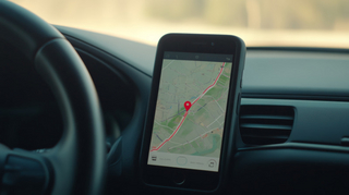 Blick auf Handy mit Routenplaner, das in einem Halter neben dem Lenkrad steckt