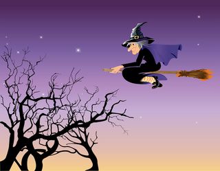 Illustration - Hexe auf Besen fliegt am Nachthimmel