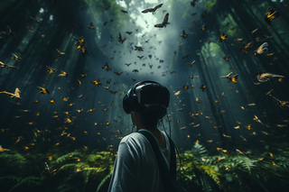 Symbolbild: Eine Person mit VR-Brille steht in einer Fantasie-Welt