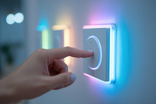 Frauenfinger drückt auf Smart-Home-Schalter Frauenfinger drückt auf Smart-Home-Schalter