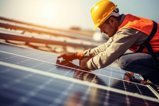 Bauarbeiter bringt Solarpanel auf dem Dach an